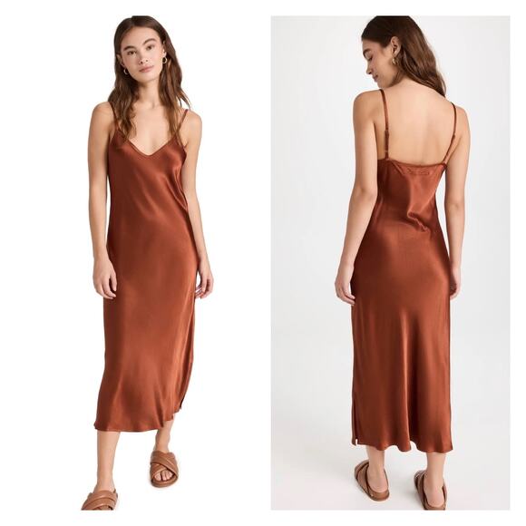 ENZA COSTA Satin Bias Slip Maxi Dress Womens Small Rust Umber Spaghetti Strap - Picture 1 of 16